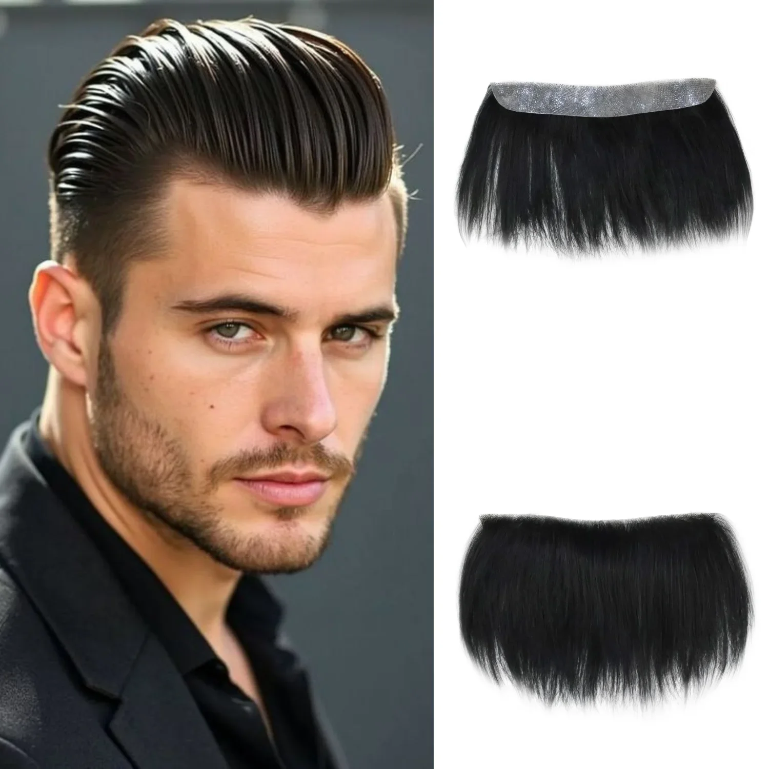 

Мужской парик-накладка на лоб из натуральных волос Remy с V-образным креплением, тщательно причесанный, с естественной линией роста волос, прямой, для замены волос