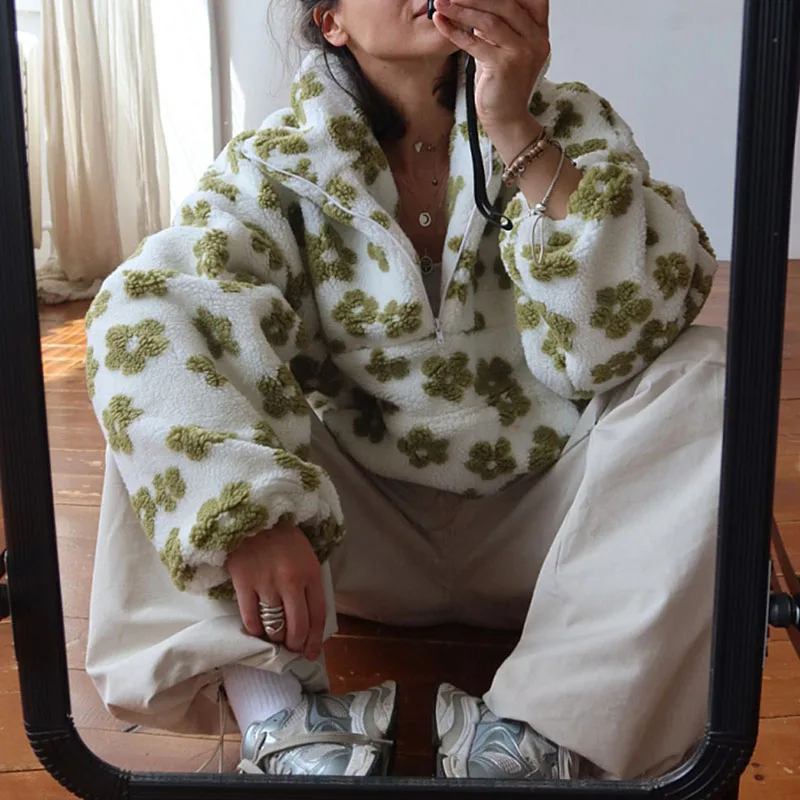 2025 outono inverno manga longa camisola topos lazer floral impresso solto commute pullovers elegante senhora gola com zíper topos