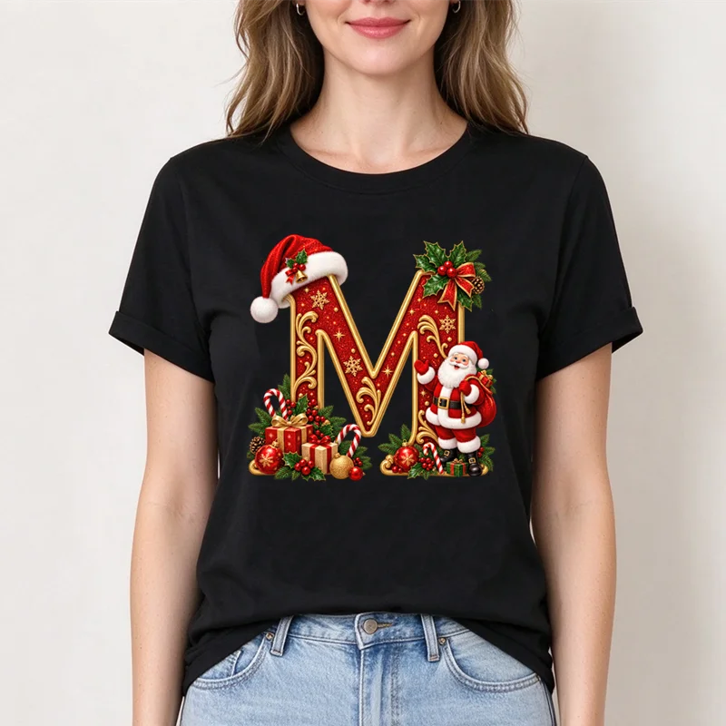 Women Christmas Letter A-Z Santa Claus Graphic T-shirt Merry Xmas Santa Hat Holly Gift Print Short Sleeve Tee Holiday Party Tops