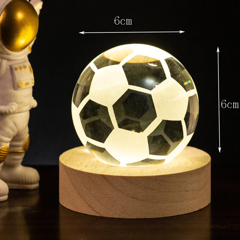 1pc 3D Soccer Atmosphere Lamp Crystal Ball Table Decorative Beech Wood Base Creative Night Light Gift for Friends