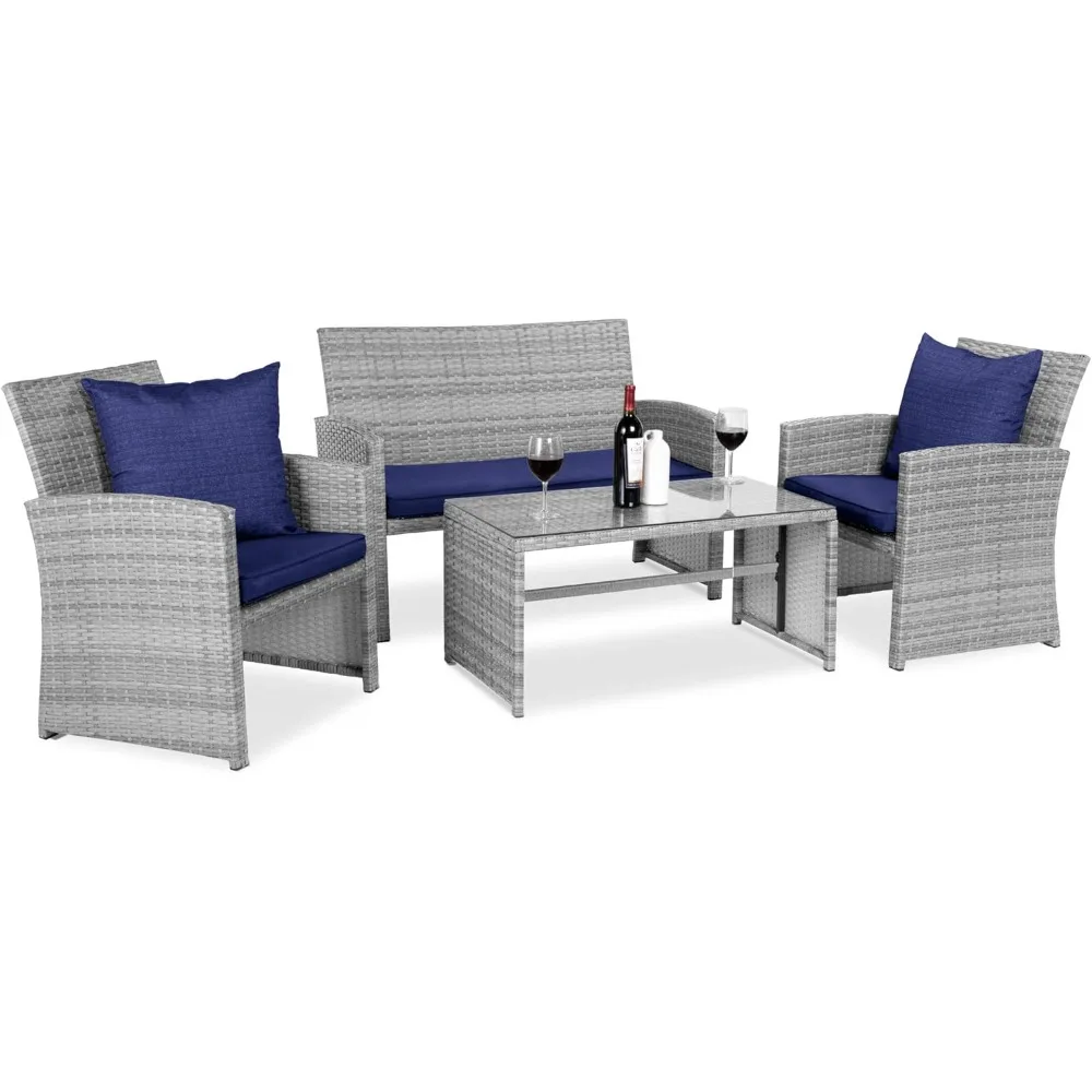 4-Piece Outdoor Wicker Patio Conversation Furniture Set for Backyard w/Coffee Table, Seat Cushions