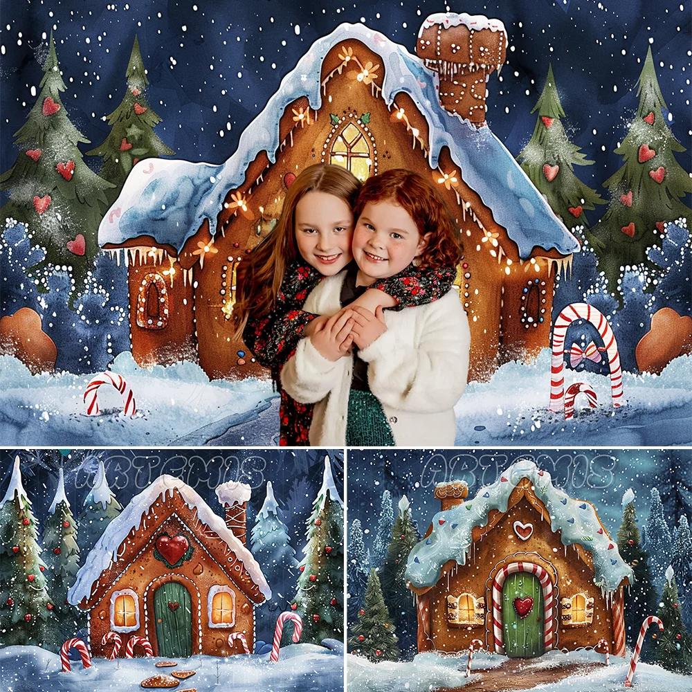 

Winter Christmas Backdrop Gingerbread House Candy Cane Pine Trees Snow Heart Shaped Lollipops Background Photo Studio Photocall