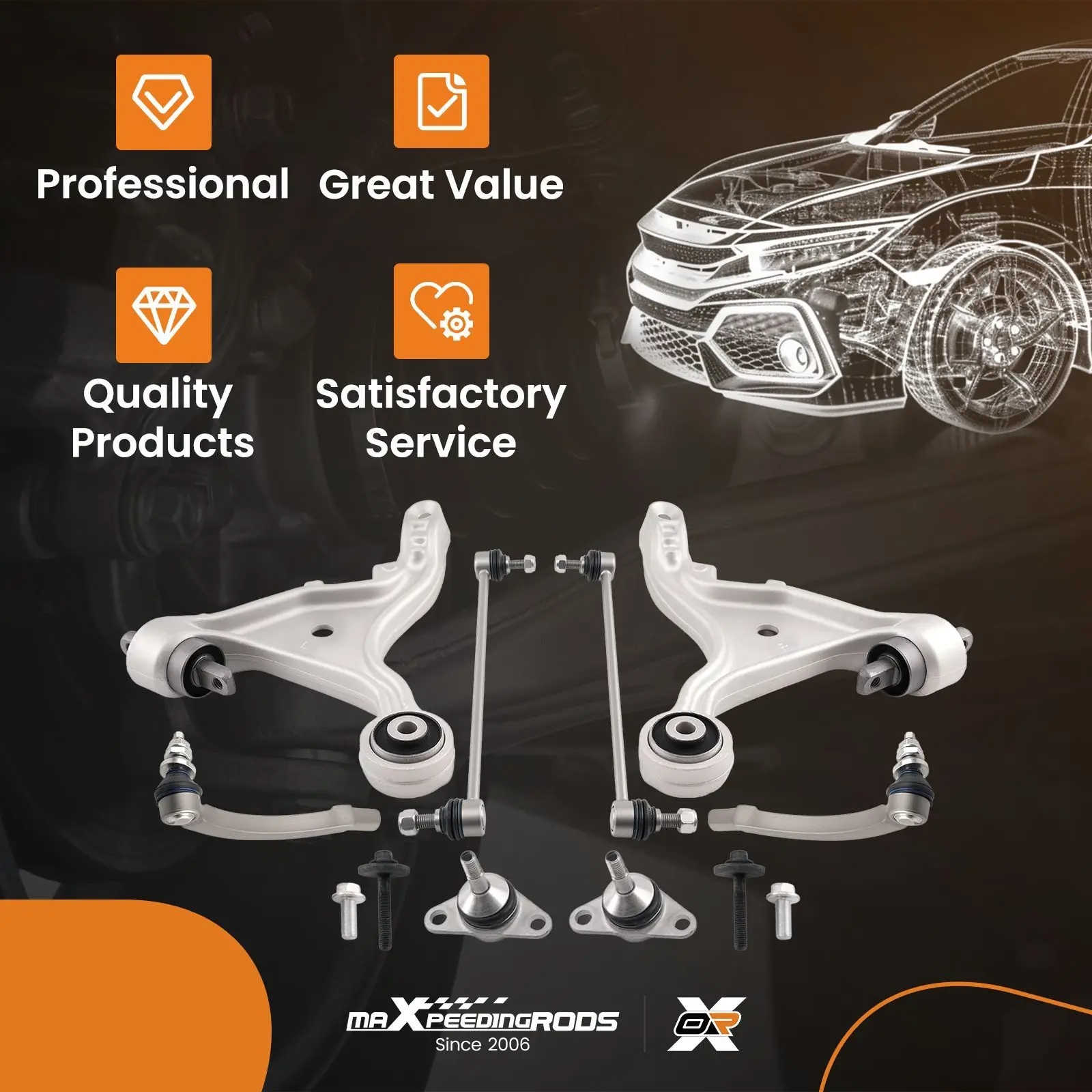 

Комплект из 8 новых передних нижних рычагов подвески, стойки стабилизатора и наконечников рулевых тяг для VOLVO S80 2000-2006