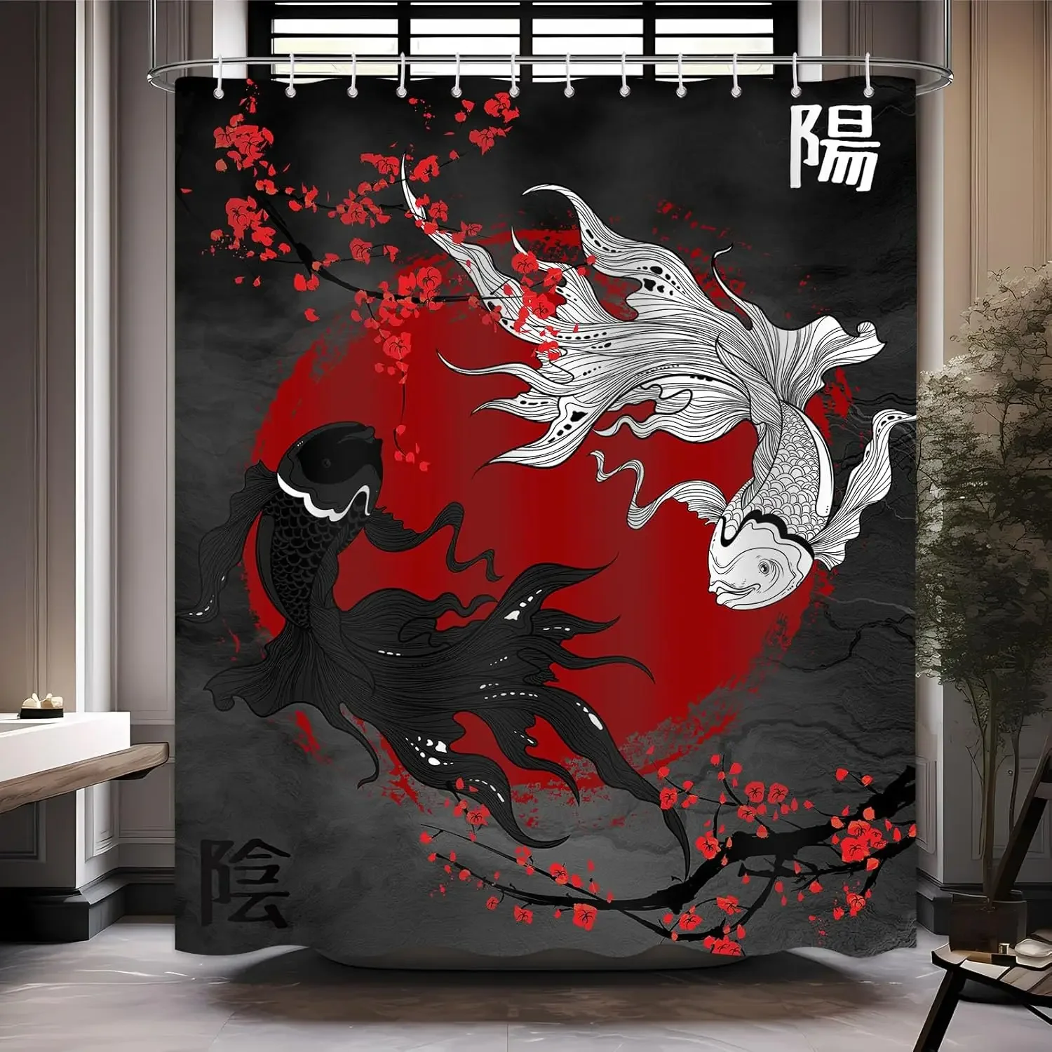 shower curtain koi yin yang black and red asian oriental bathroom decorative shower curtain with hook tarpaulin fabric