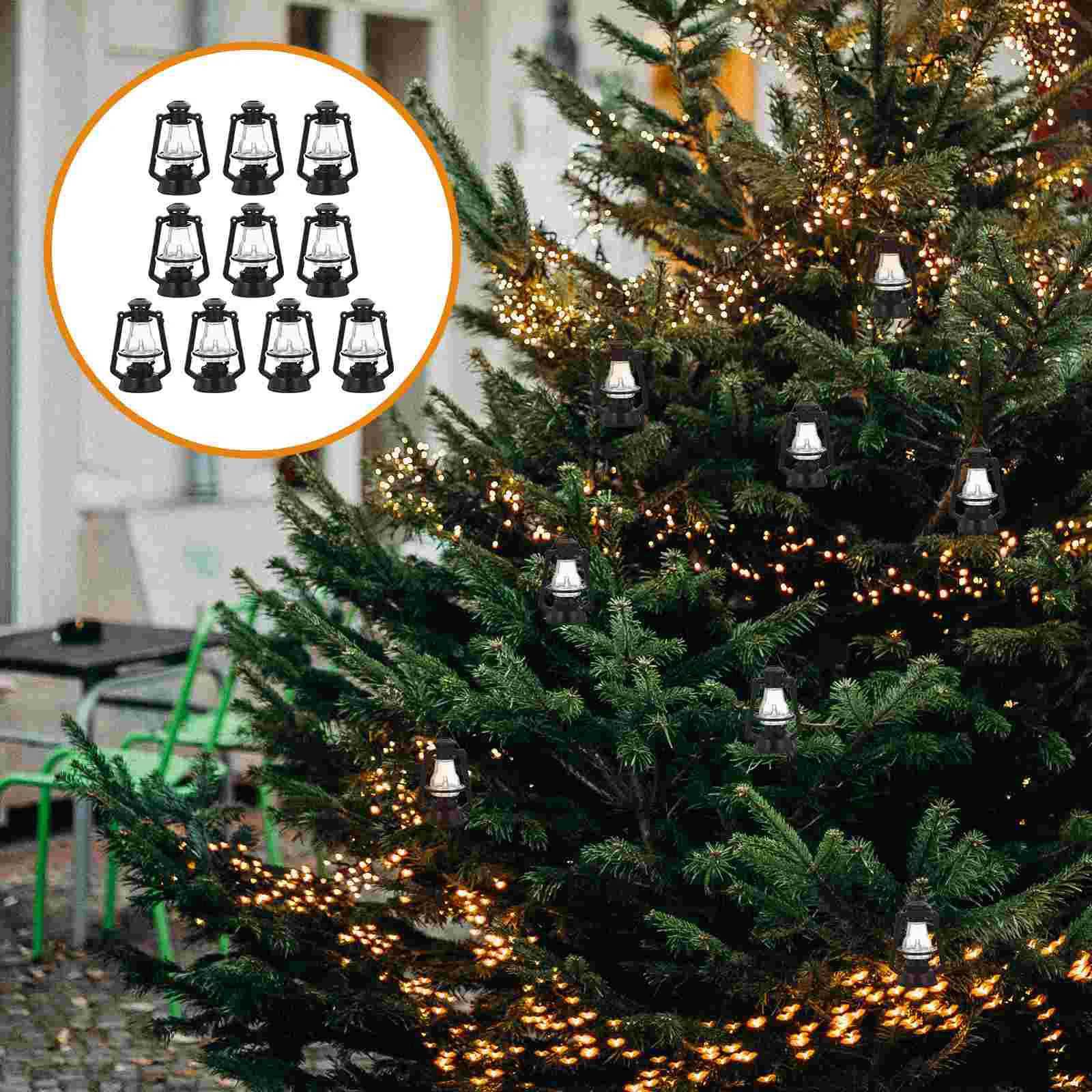 10 Pcs Christmas Tree Ornament Mini Kerosene Lamp Simulation Dollhouse Decoration Black Plastic Xmas