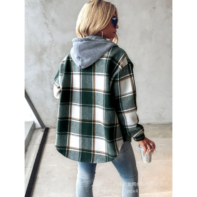 2024 New Autumn Winter New Fashion Women\'s Clothing Solid Color Plaid Hooded Jacket Casual