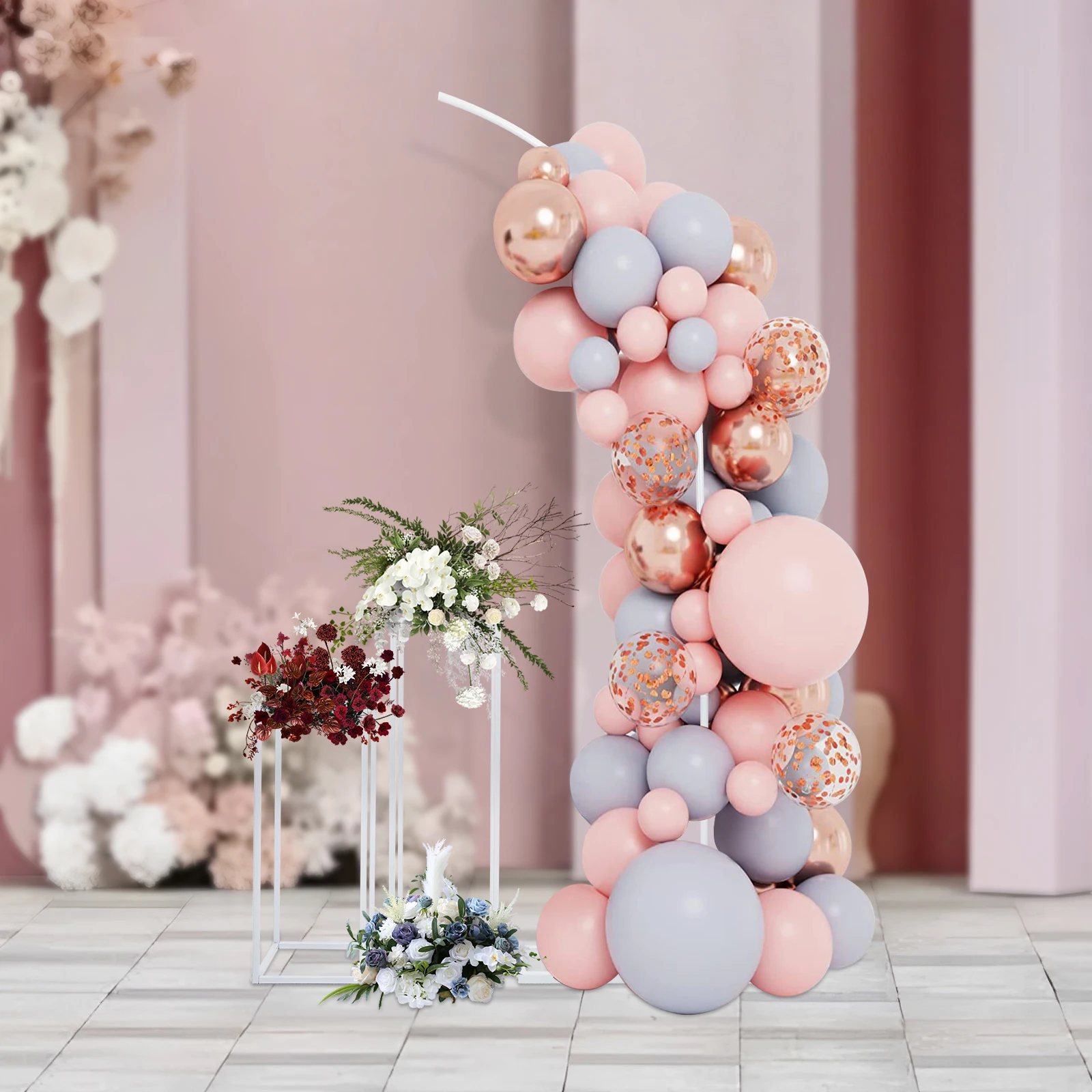 Wedding Arched Bracket White Arch Backdrop Stand with 2 Rectangular Flower Stands for weddings, birthday parties, Christmas parties