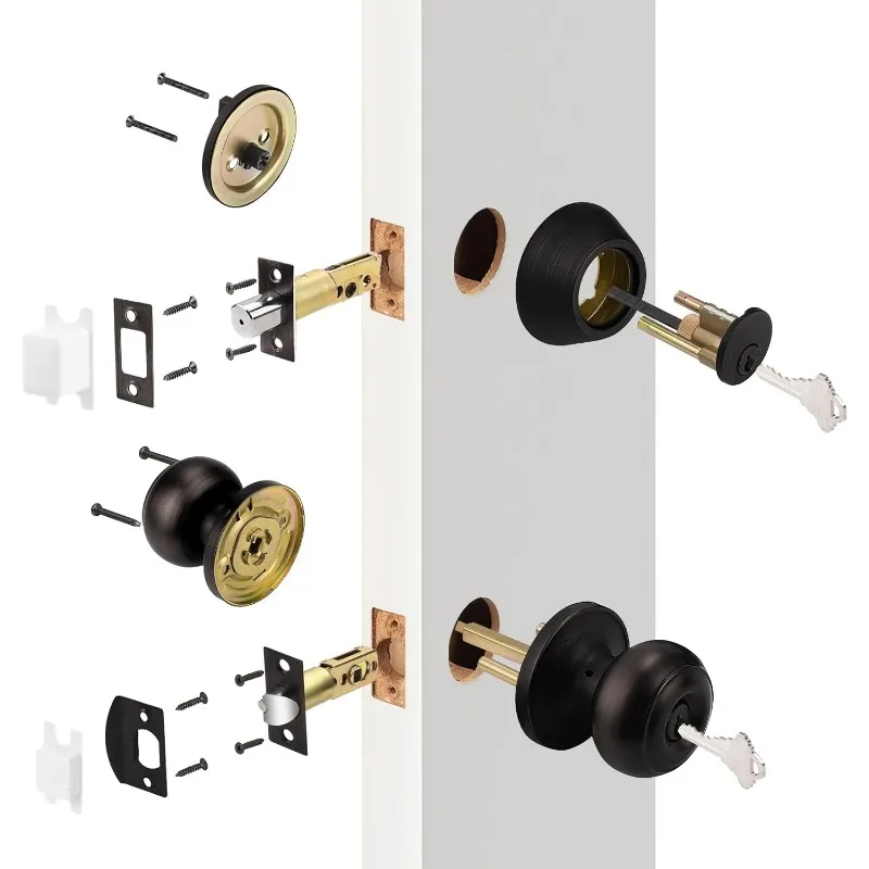 Entry Door Knob and Single Cylinder Deadbolt Lock Combo Set, Keyed Alike, Oil-Rubbed Bronze, Black Set of 4