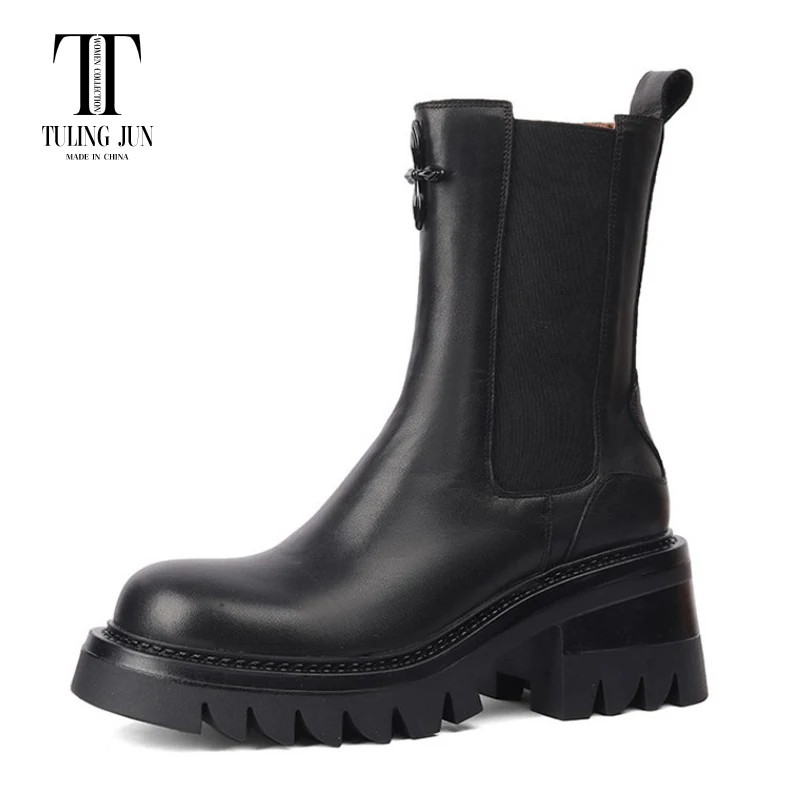 

TULING JUN 2023 New Autumn Winter Medium Boots With Sexy Thick Soles Women's Boot Rounded Toe High Heels Retro Shoes For Women L