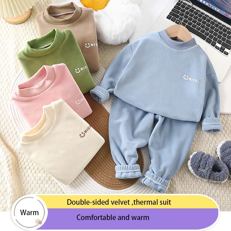 Kid's Homewear 1-7 Y Children's Autumn Winter Double Sided Velvet Pajamas Set Boys Thick Sleepwear Girls Thermal Underwear