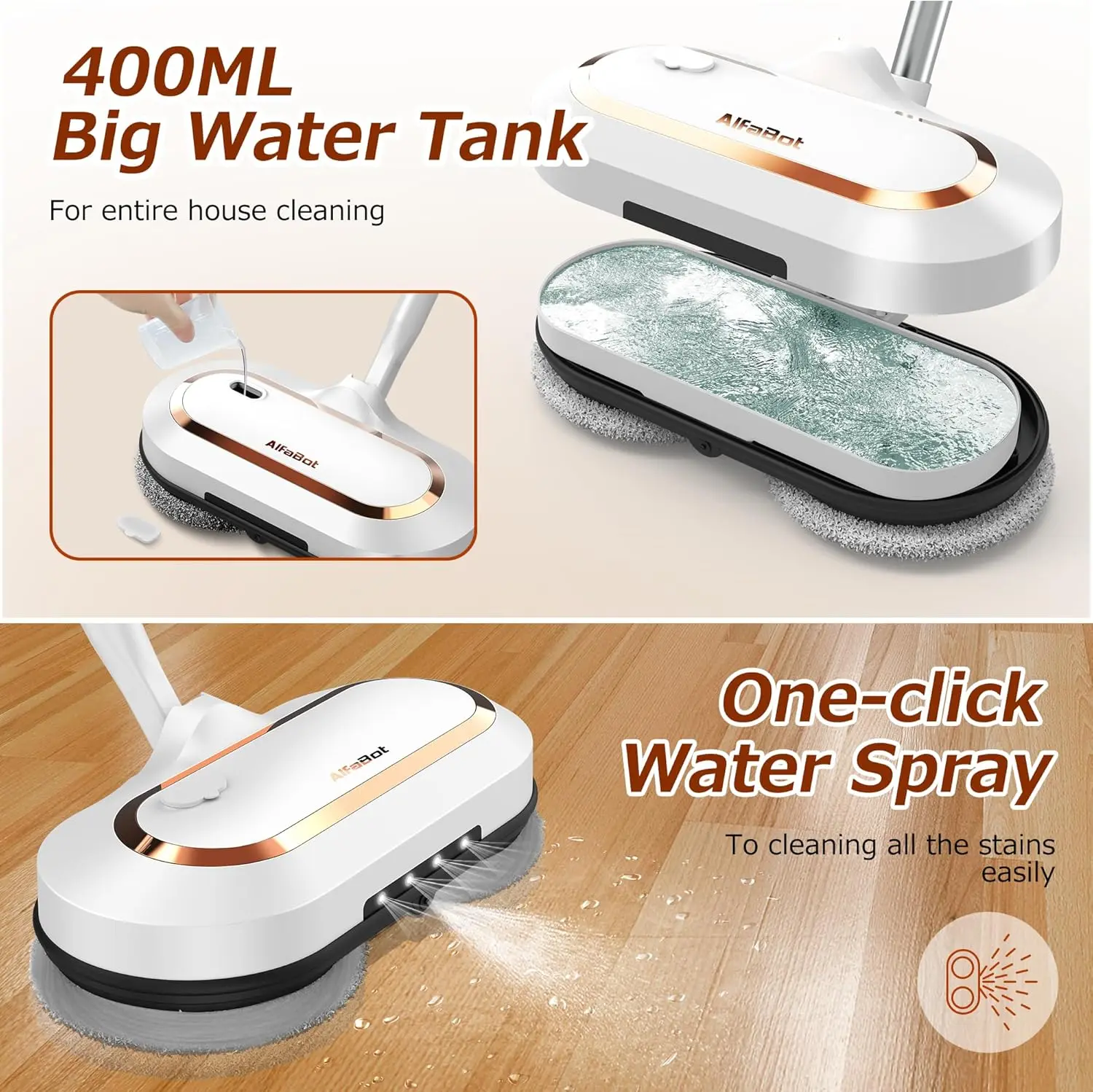 Electric Mop, S2 Cordless Spin Mop for Floor Cleaning, with LED Headlight and Sprayer/400ML Big Tank/60 Mins Runtime