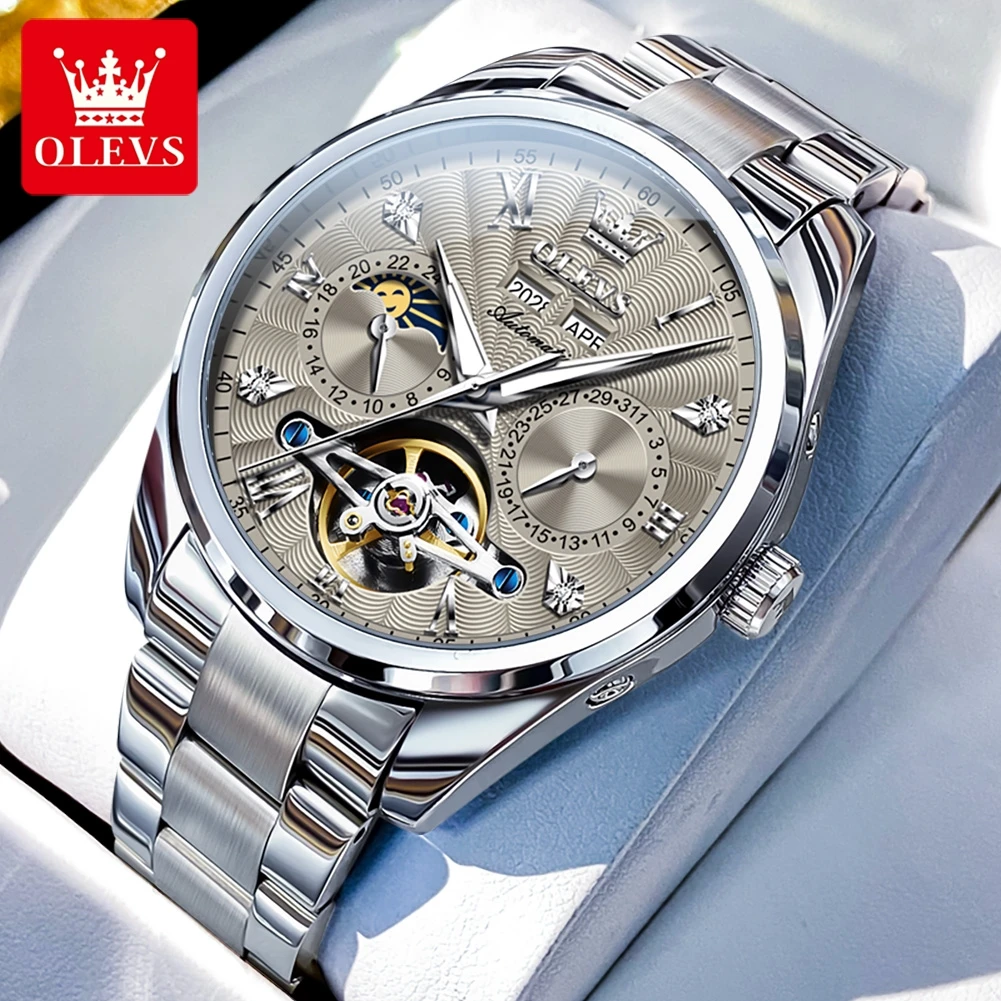 

OLEVS 7028 Business Stainless Steel Mechanical Watches for Men Luxury Perpetual Calendar Automatic Movement Waterproof Watch Man