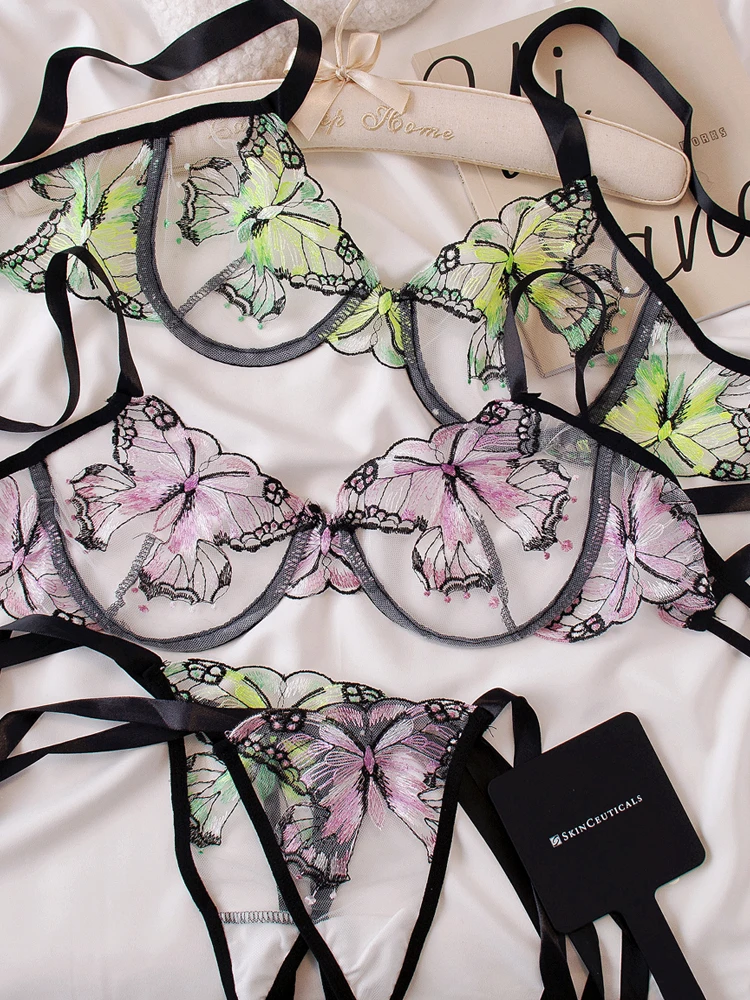 

Luxury exquisite butterfly embroidery lace sexy underwear female mesh lingerie thin section bra set