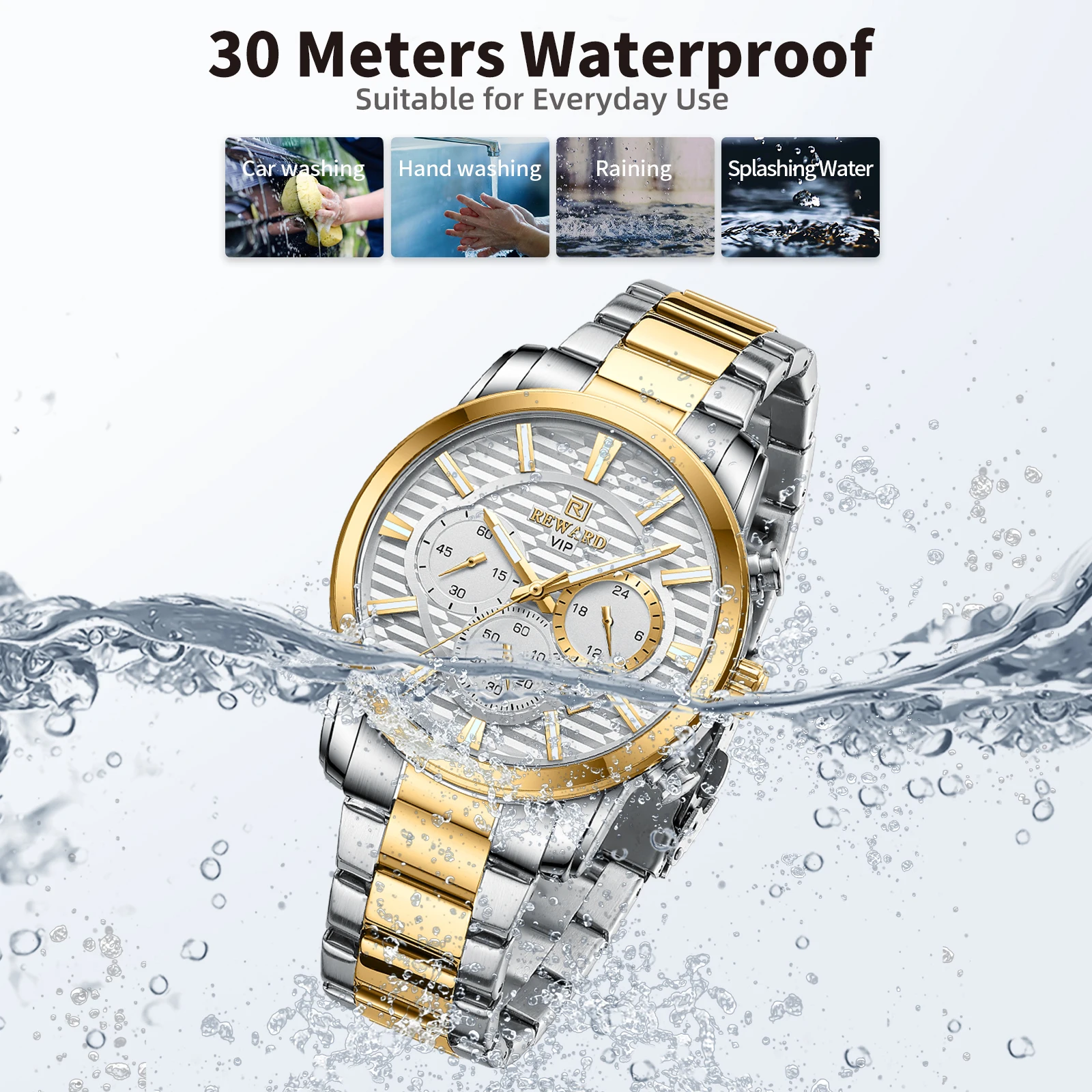 New REWARD VIP Dress Quartz Watches for Men Chronograph Luminous Waterproof Stainless Steel Sport Man Wristwatch