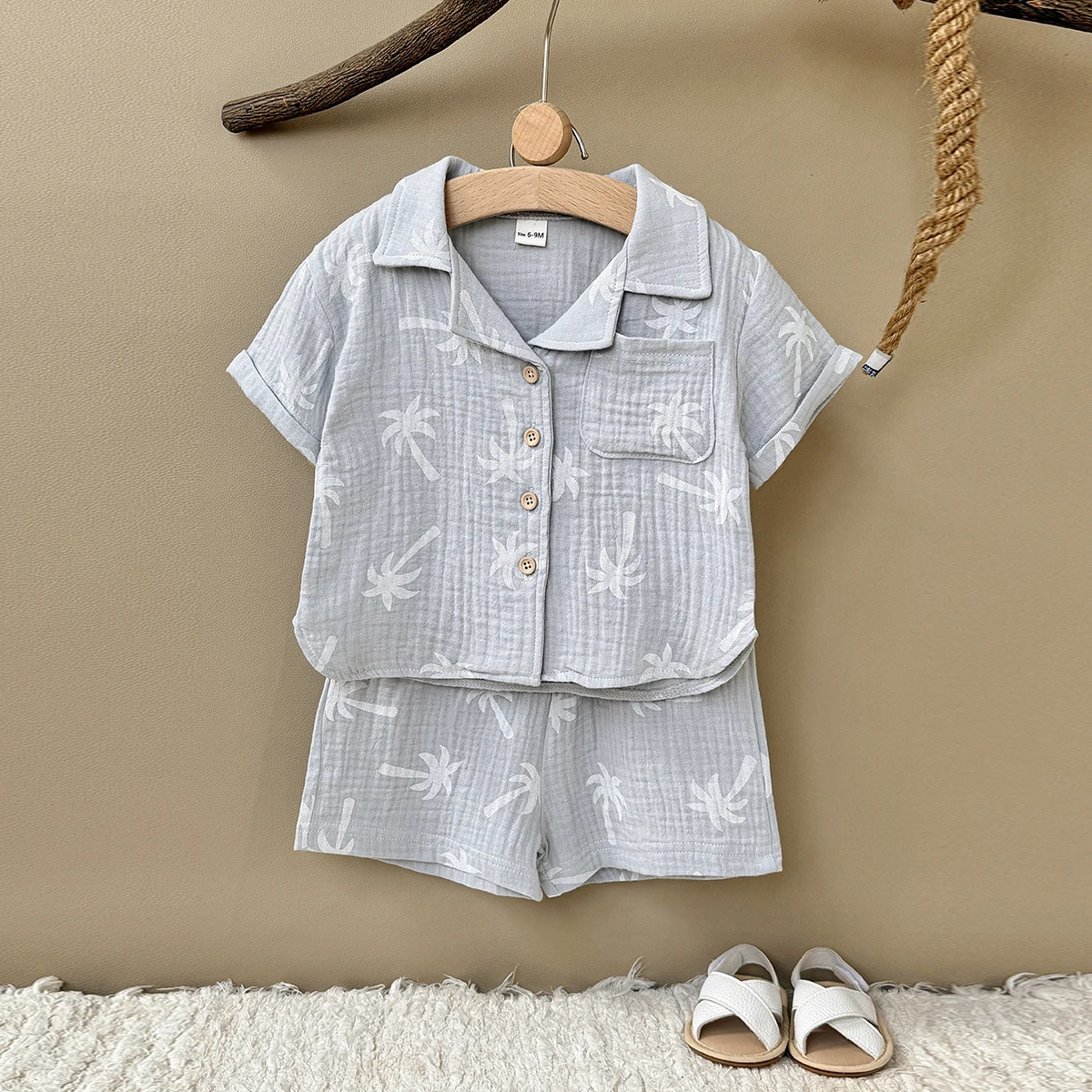 

Summer Baby Boy Girl Coconut Tree Print Short Sleeve Lapel Shirt+blue Shorts Casual Fashion Pants Set Suitable for 2-3Y