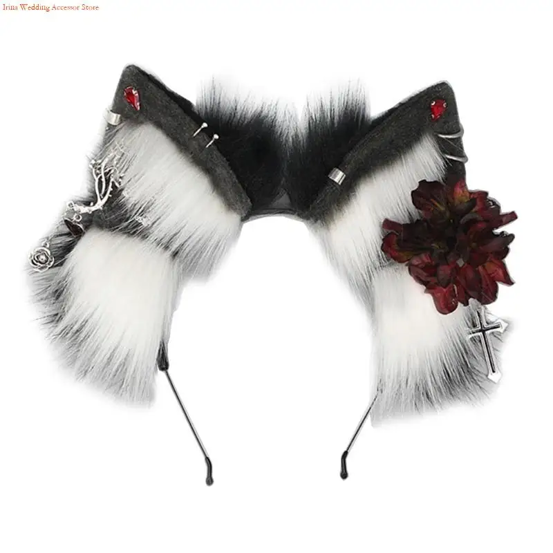 G92D Punk Wolf Ear Cosplay Hair Hoop with Flower&Earring Woman Teens Headband for Live Broadcast Carnivals Hairband