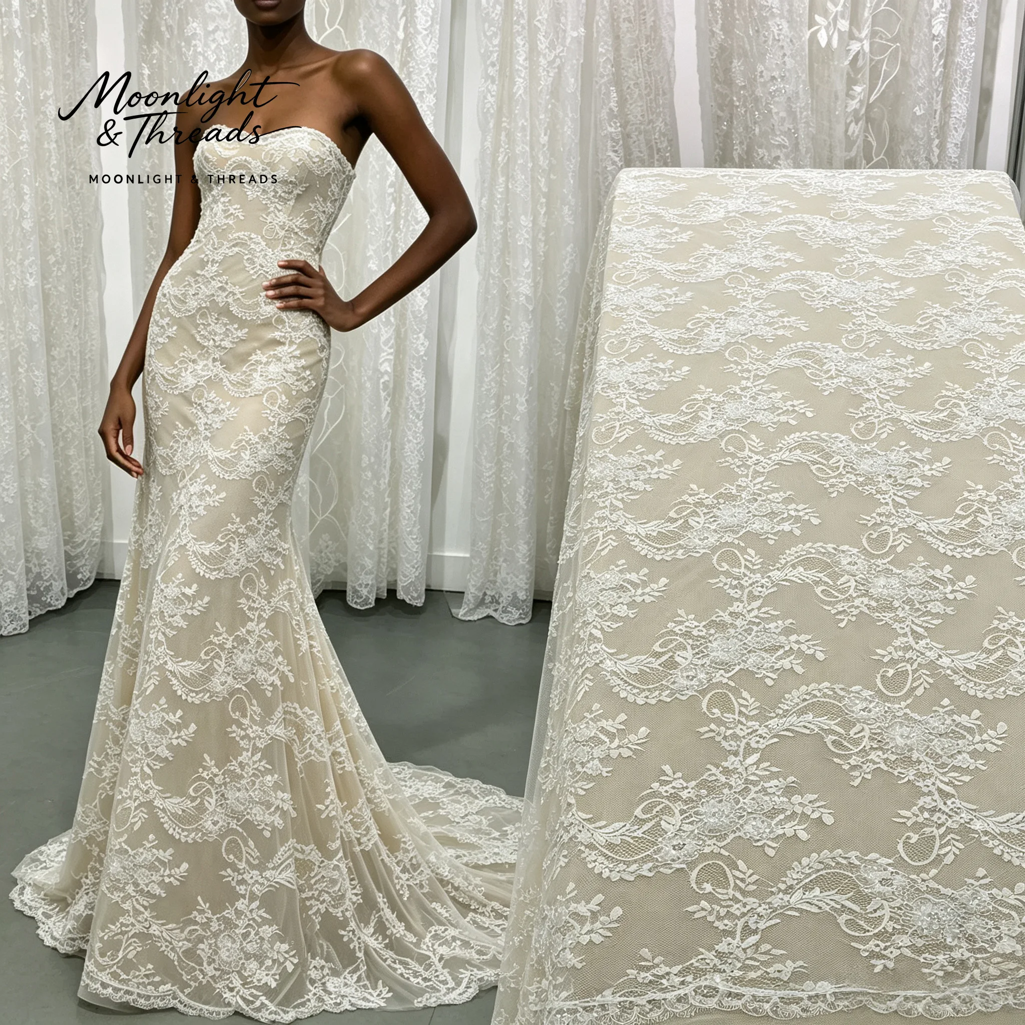 2026 New Ivory White Strapless Mermaid Long Train Wedding Dress with All-Layer Lace