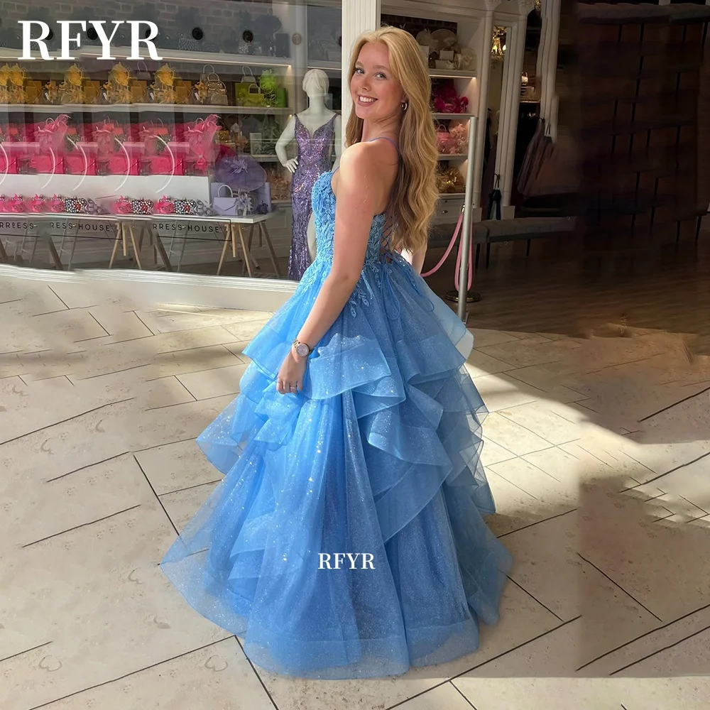 RFYR Lace Up Back Fluffy Prom Dress Lace Applique Evening Dress Scoop Neck Party Princess Gown فساتين مناسبة رسمية Customized