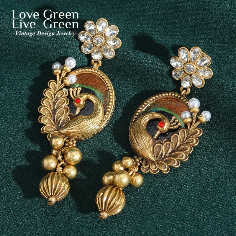 

Vintage Phoenix Drop Earring For Woman Antique Gold Color Rhinestone Accessories Elegant Quality Luxury Designer Chinese Style