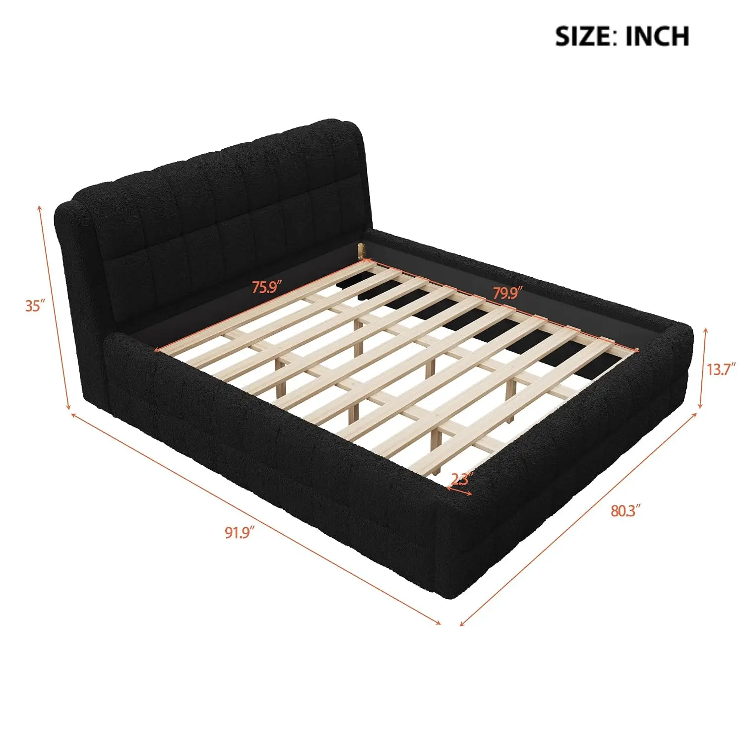 King Size Grounded Bed Frame, Fleece Upholstered Floor Platform Bed with Thick Headboard for Bedroom, No Box Spring Needed, Easy
