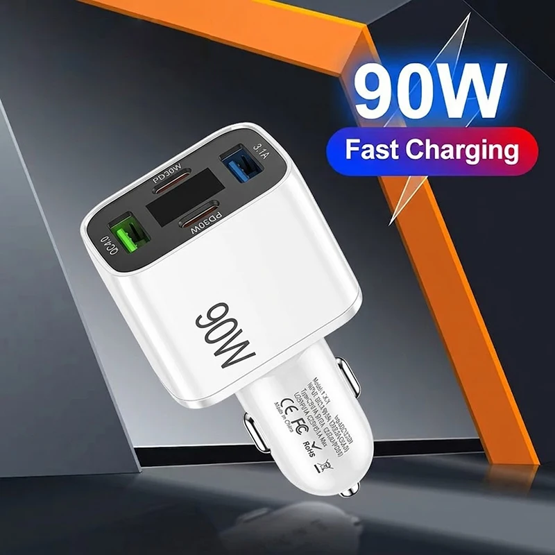 90W USB C Car Charger 4 Port Fast Charging Cigarette Lighter Phone Adapter With Digital Voltage Display For iPhone For iPad
