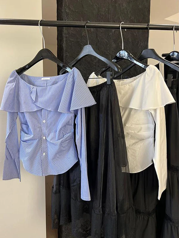 

Новая летняя женская рубашка с длинным рукавом, приталенная, в полоску, с одним открытым плечом, с воротником, повседневная, универсальная, из Китая