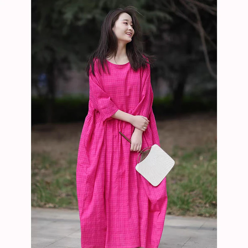 

2025 Summer Arts Style Women O-neck Batwing Sleeve Loose Casual A-line Dress Good Quality Cotton Linen Plaid Long Dresses JM52