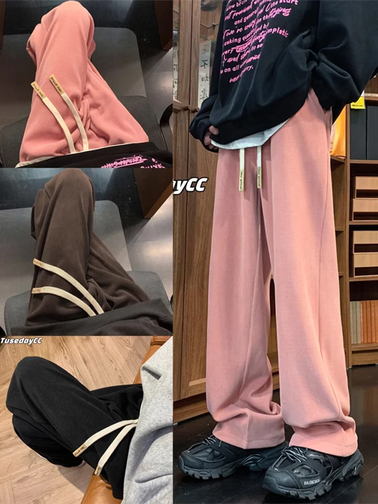 

Розовые вельветовые мужские повседневные брюки прямого кроя, свободные широкие брюки, осенние модные уличные брюки, удобные свободные длинные брюки