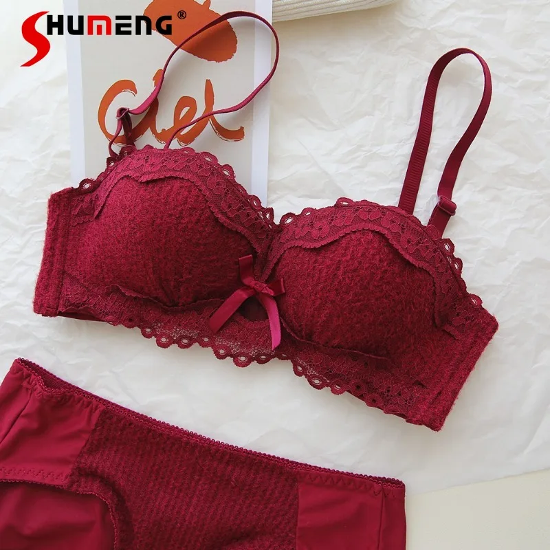 

Autumn Winter Fluffy Small Chest Bra Set Women's Push Up Thick Cup Wireless Intimates Female Sexy Lace Underwear Brief Suits