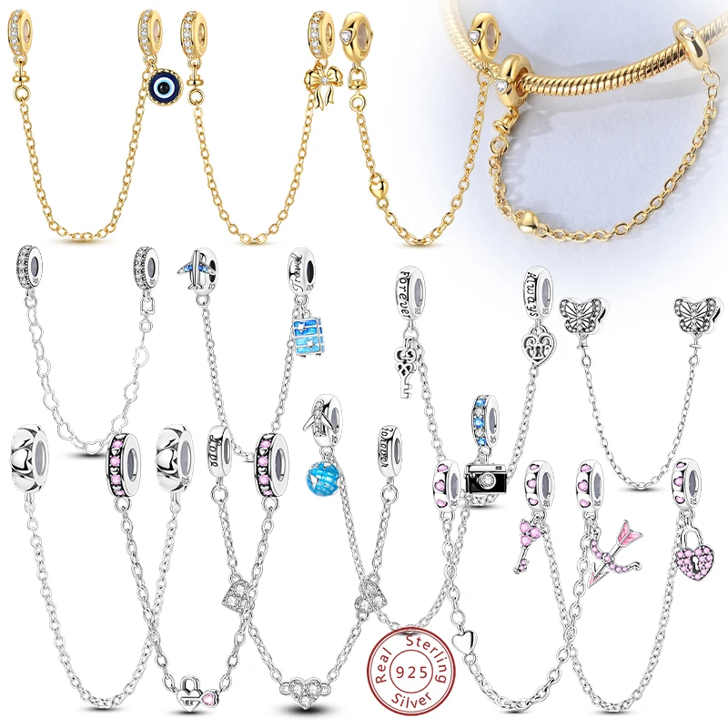 Original 925 Sterling Silver Safety Chain Charms Golden Bow Snowflakes Infinite Love Safety Chain Fit Bracelet Jewelry Making