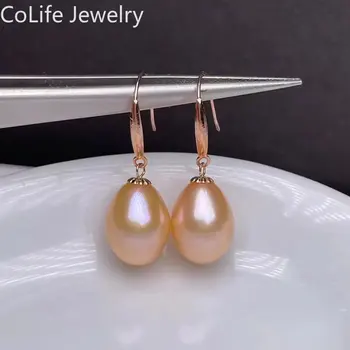 Hotsale 18K gold pearl drop earrings 8mm*10mm natural pearl gold dangle gift for wife for daily wear