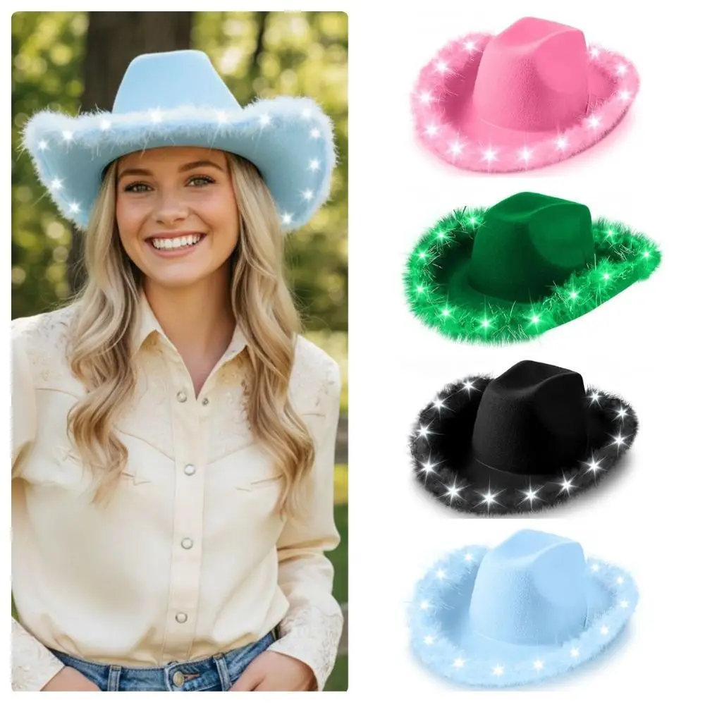 Feather Edge Led Cowboy Hat with LED Light Solid Color Light Up Cowgirl Hat Cowboy Bucket Hat