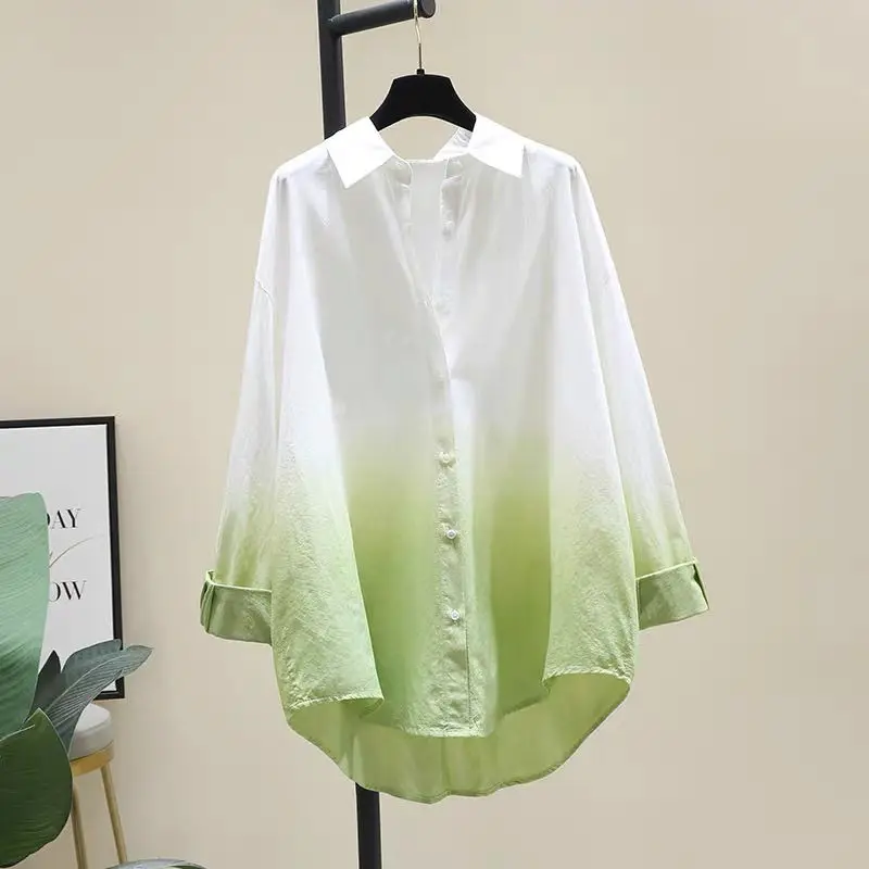 

Gradient Refreshing Pure Cotton Shirt Women Thin Style 2024 Spring New Single-breasted Loose Contrasting Colors Fashion Tops