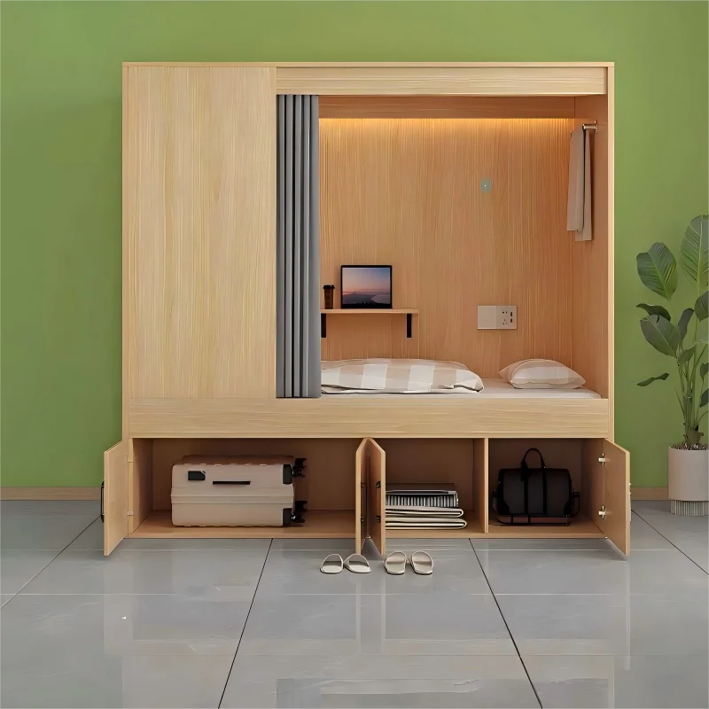 Factory Design Stylish Single Layer Capsule Bed Solid Wood With Under Bed Cabinet For Home Use Youth Dormitory