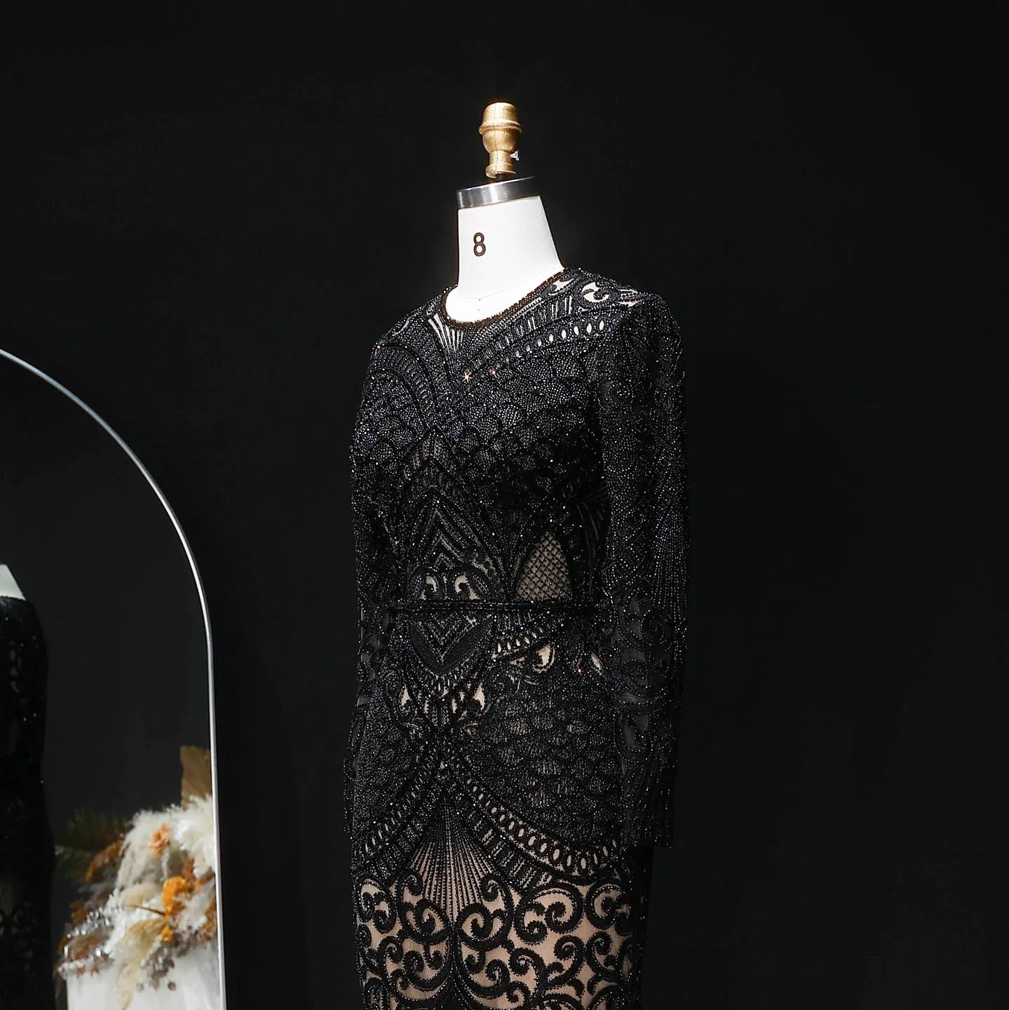 Sharon Said Dubai Übergröße Schwarzes Langarm-Paillettenkleid mit Perlen, Meerjungfrauen-Abendkleid, Saudi-Arabisches Damen-Ballkleid SS056 Maßanfertigung – Detail 22