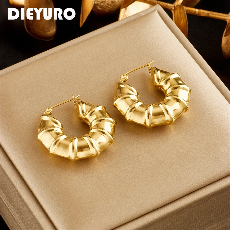 DIEYURO 316L Stainless Steel Gold Color Circle Hollow Hoop Earrings For Women New Fashion Girls Ear Buckle Jewelry Birthday Gift