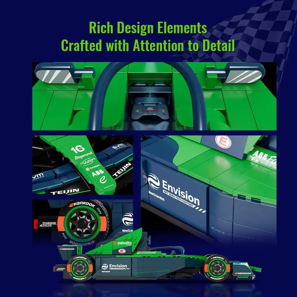 Kit di costruzione della squadra di Formula E: modello di auto da corsa PANTASY Envision con podio, minifigure e display dettagliato per Motorsport Enth