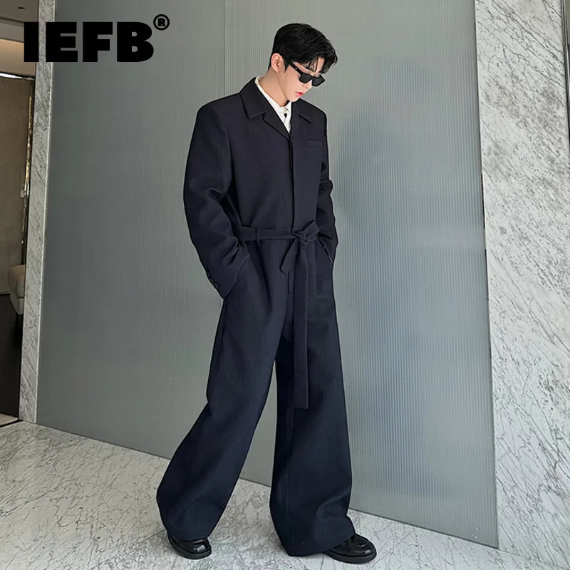 IEFB Korean Style Jumpsuit Casual Turn-down Collar Vertical Stripe Lace-up Loose New Trendy Autumn Male Overalls Menswear 9C7877