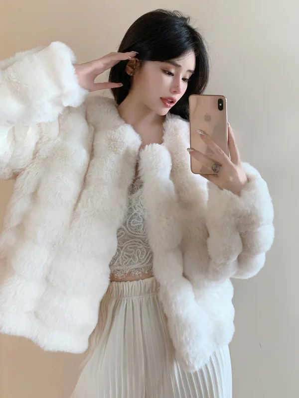Fashionable Short Thickened  Fur Jacket Women's Synthetic Leather Coat Autumn Winter Stylish Rabbit Fur Sensation Outerwear