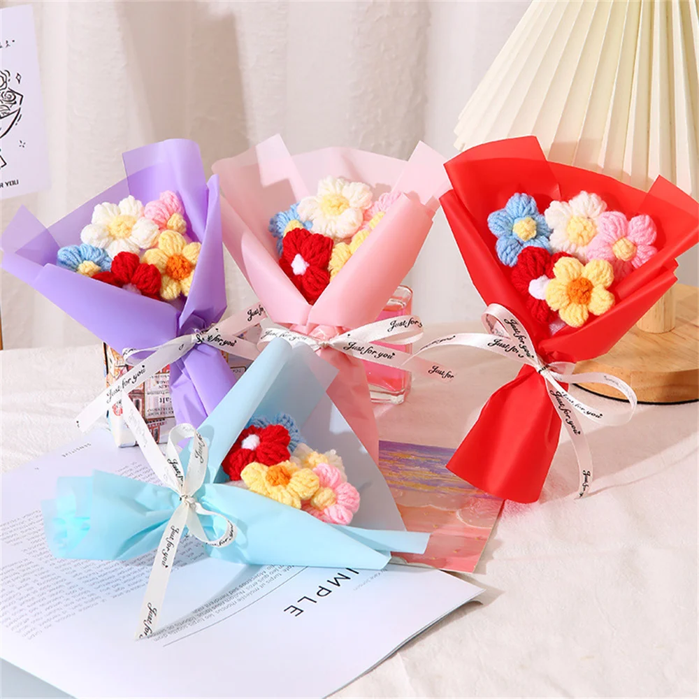 3/5Head Creative Puff Flowers Colorful Hand Woven Artificial Knitting Bouquets For Mother Lovers Home Decor Valentine's Day Gift