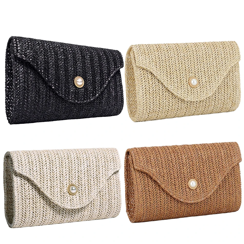 Women Straw Woven Bag Fashion Shoulder Bag Pearl Decor Straw Clutch Purse Woven Envelope Shoulder Bag Summer Beach Bag