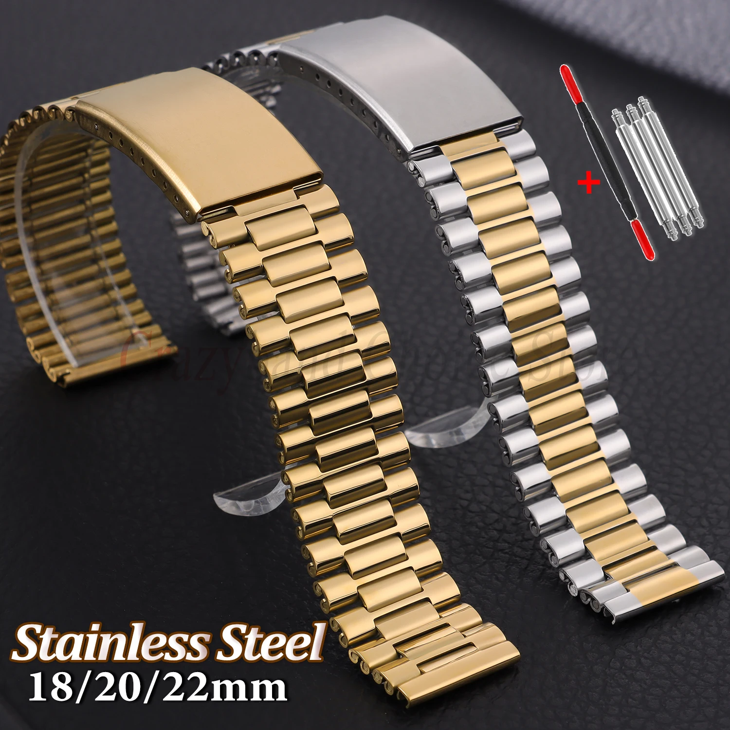 18/20/22mm Stainless Steel Strap Metal WatchBand Universal for Seiko Business Men Women Wristband Folding Buckle Watches Bracele