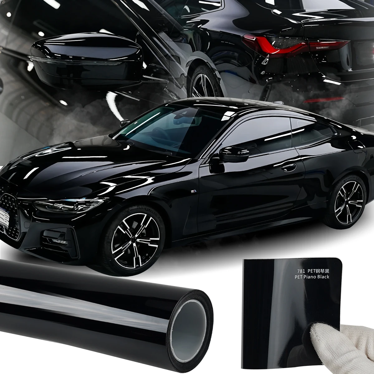 

Bright Black Surface Car Wrapping Film Vinyl Roll Car Body Paint Color Changing Sticker PET Sticker Car Door/Front Hood/Rearview