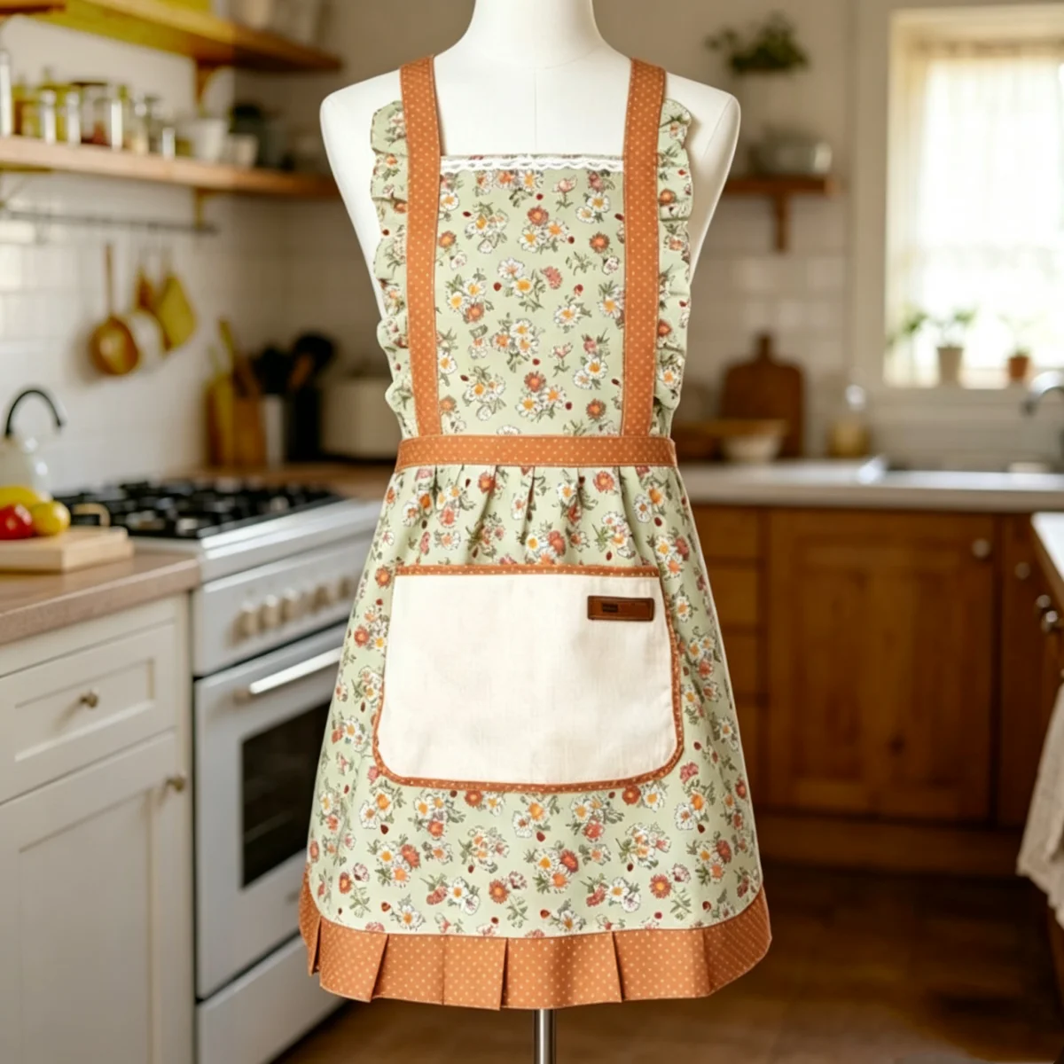 1Pc Women's Floral Home Apron With Pocket, Adjustable Apron For Kitchen, Cooking, Baking, Grilling, Chef's Apron