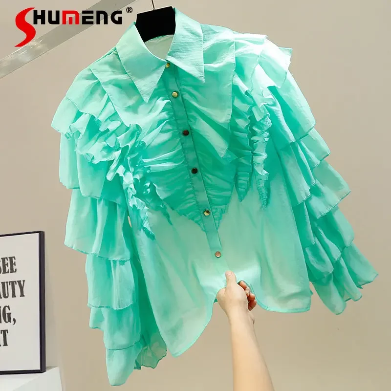 

Fashionable Irregular Sweet Ruffled Stitching Tops Single-Breasted Loose All-Matching Graceful Micro Transparent Organza Shirt