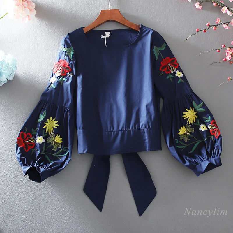 Vintage Flower Embroidery Long Lantern Sleeve Shirt Woman High Waist Loose Bow Back Cropped Cotton Blusas All-Match Tops Femme