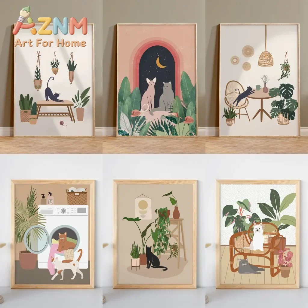 Watercolor Botanical Animal Poster Wall Art Boho Plant and Cat Artwork Cute Kitty Canvas Painting Home Decor Pet Lover Gift