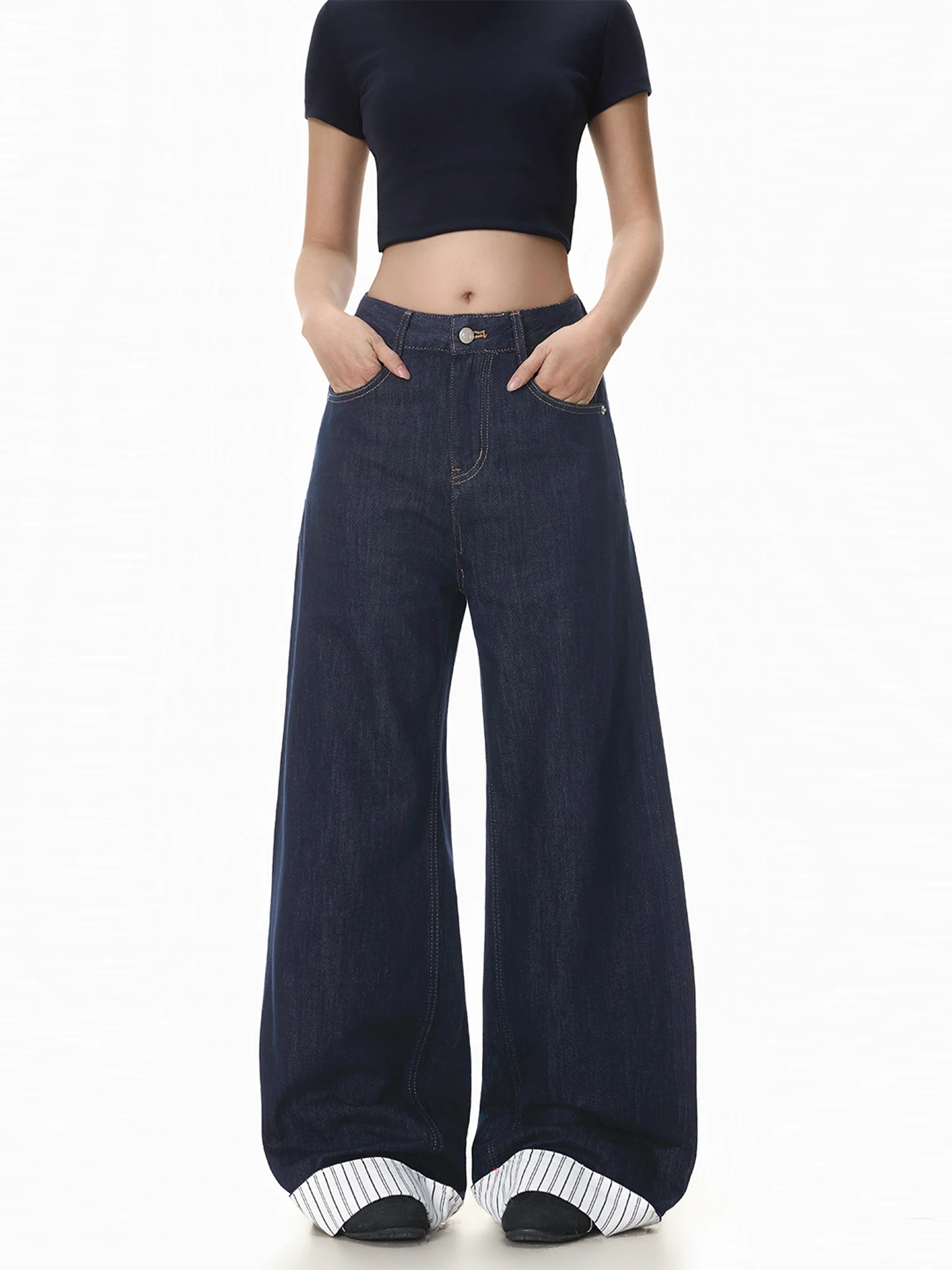 

Джинсы FreeMary American Denim синие в полоску, широкие, винтажный дизайн, свободные, струящиеся, молодежные, повседневные, из смесового хлопка с лайкрой