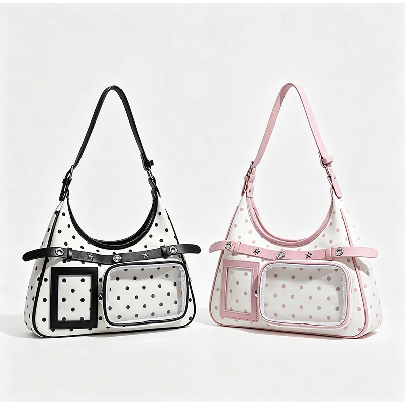 Polka Dot Ita Bag mit transparentem Sichtfenster, Damen-Schultertasche mit Patchwork-Gürtelschnalle, süße, niedliche, lässige Alltagstasche – Detail 12