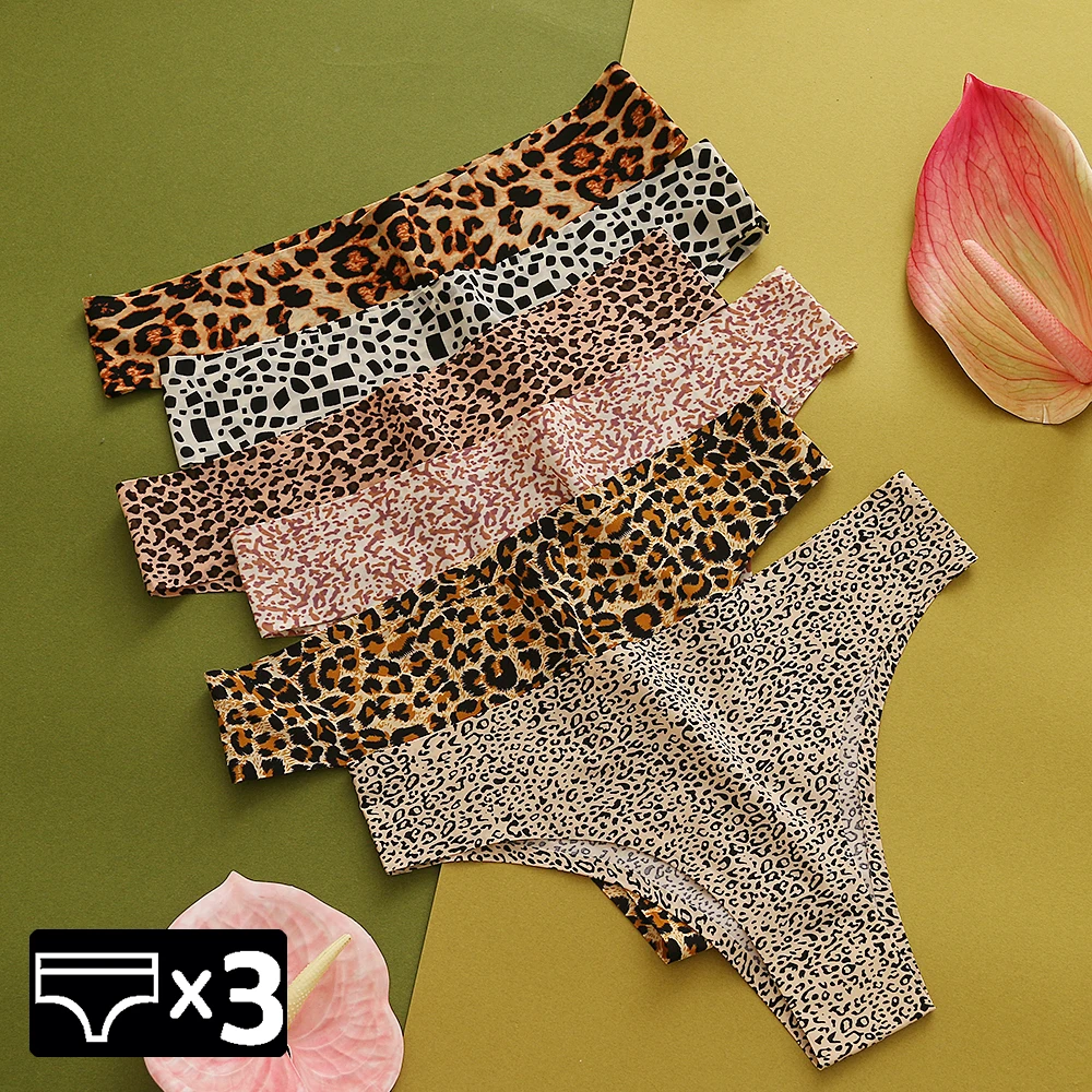 3Pcs Set Women's Leopard Print Thin Seamless Thong Panties Ice Silk Underwear Breathable Comfortable Lightweight Women Underwear